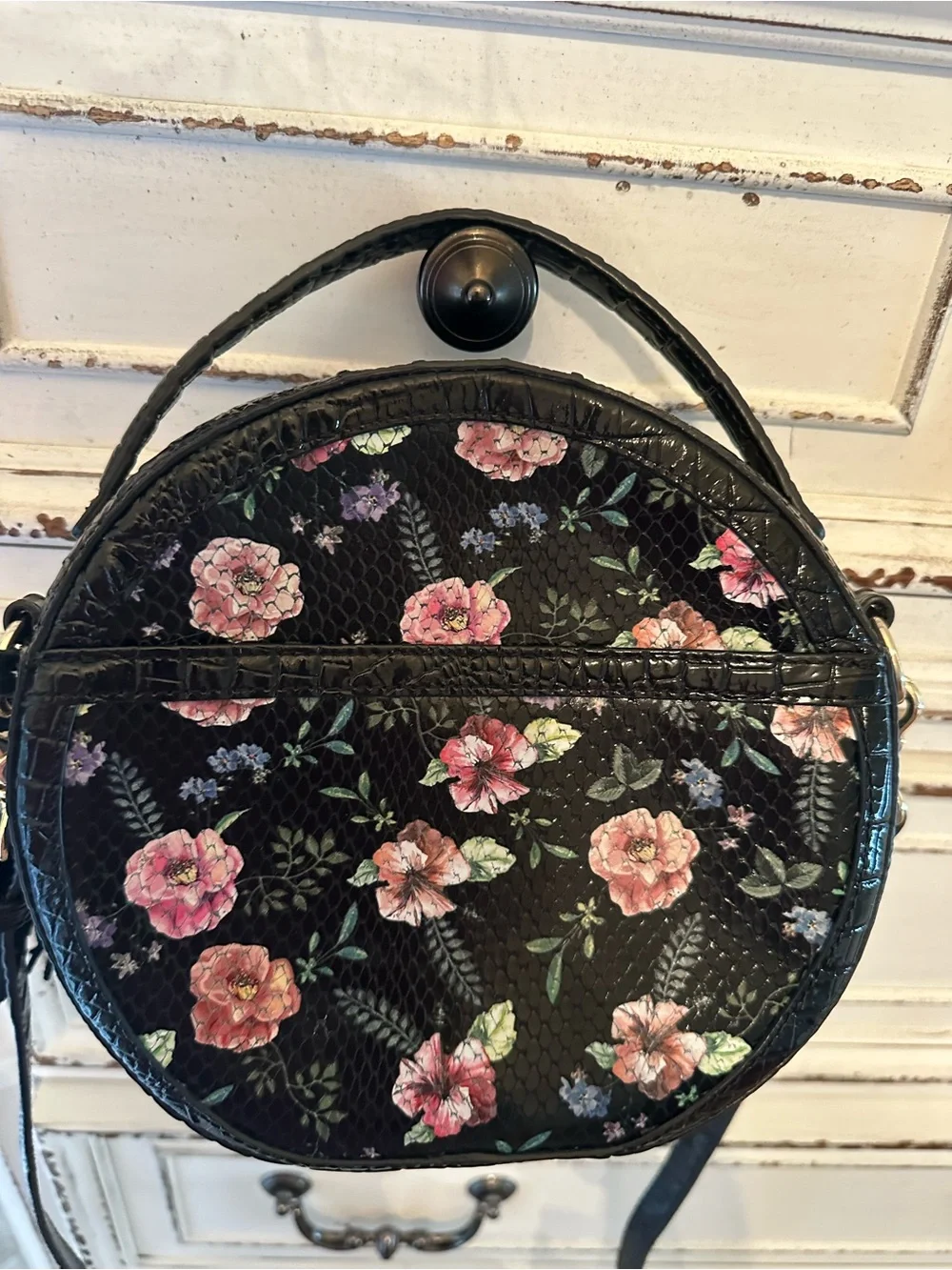 Brahmin Black Round Crossbody with Pink Floral Print